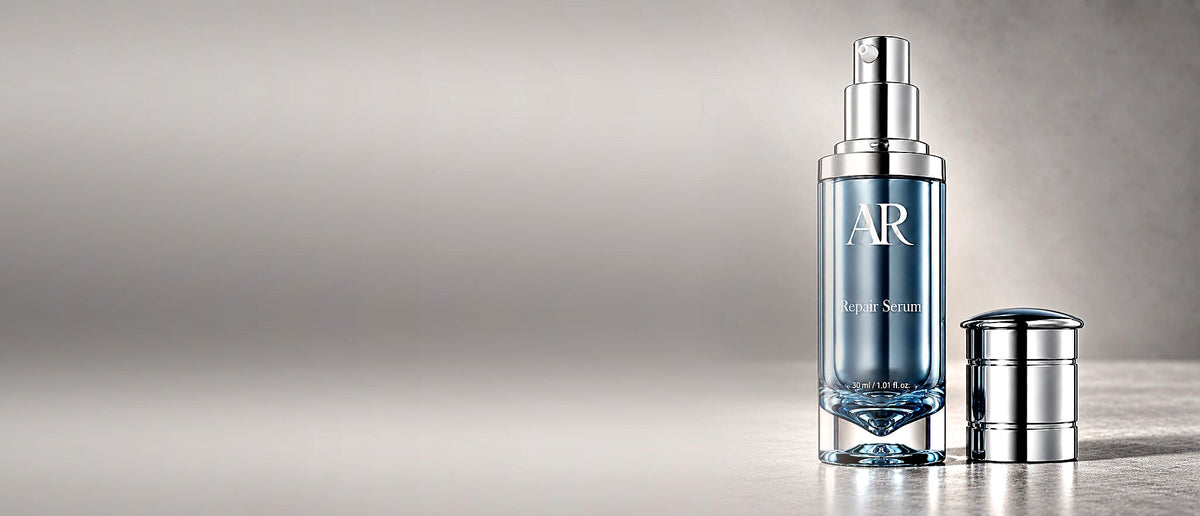 Aurum Regene Repair Serum on a stone surface in soft studio light