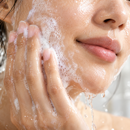 Glow Set + Cleanser step 01: Cleanser foam on the cheek