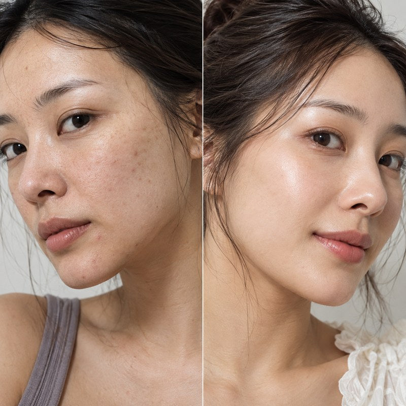 Before and after: dull, uneven tone looks brighter after the Aurum Regene Glow routine