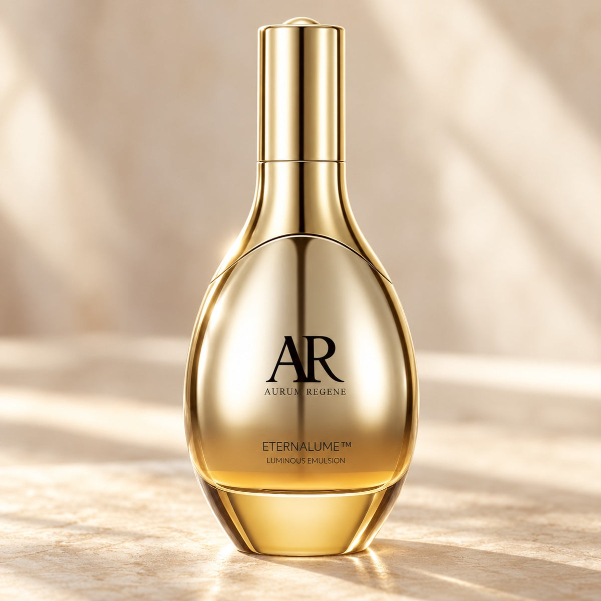 Luminous Emulsion gold bottle in soft studio light