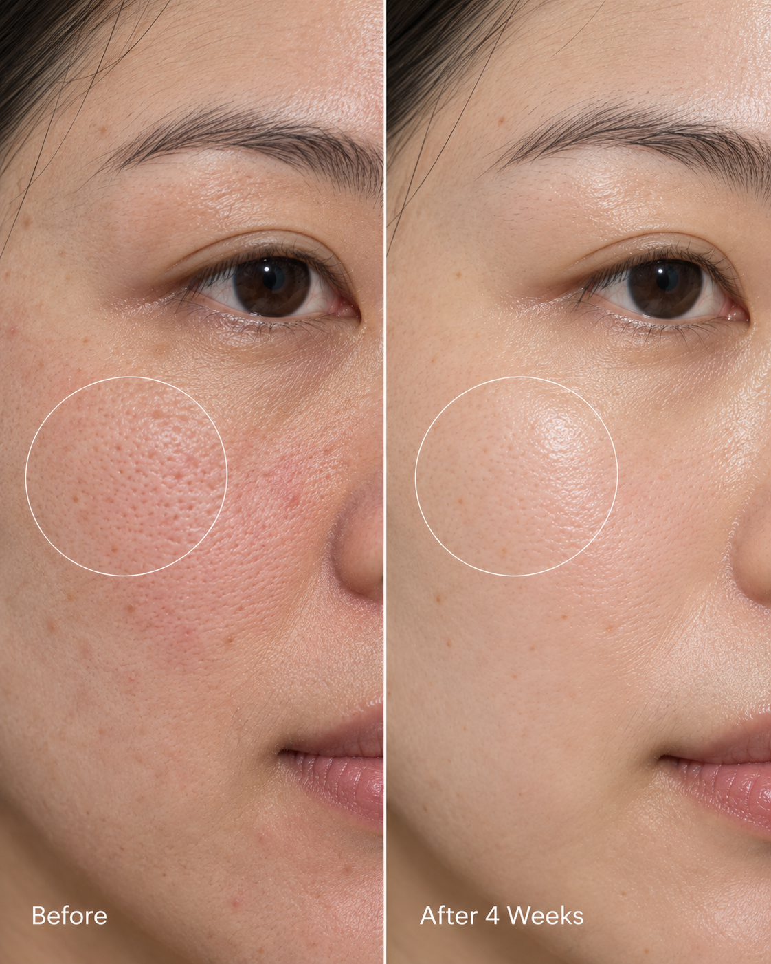 Close-up before and after 4 weeks of Luminous Emulsion: brighter, more even-looking skin