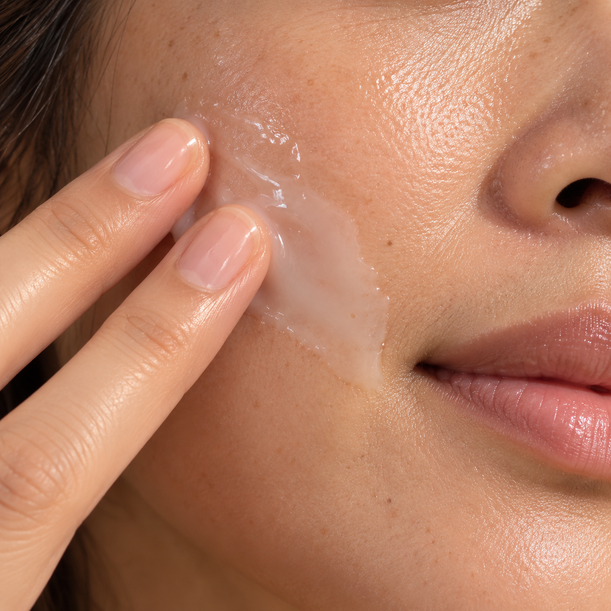Glow Set step 02: Luminous Emulsion spread on the cheek