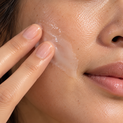 Glow Set + Cleanser step 02: Luminous Emulsion spread on the cheek
