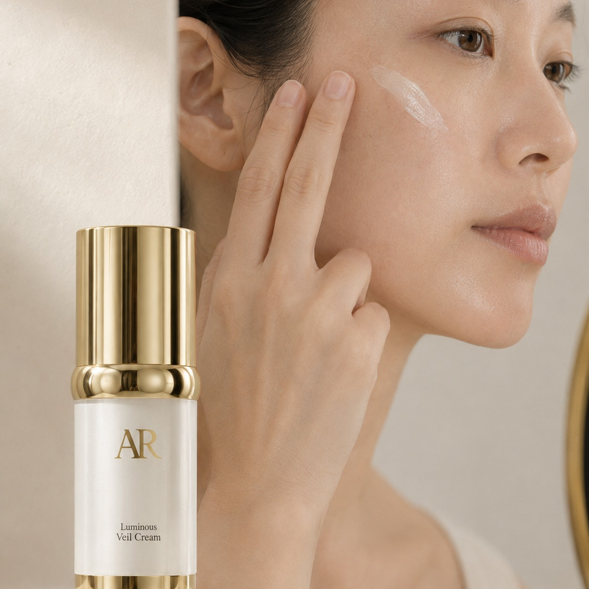 Luminous Veil dotted on the cheek, bottle beside the mirror