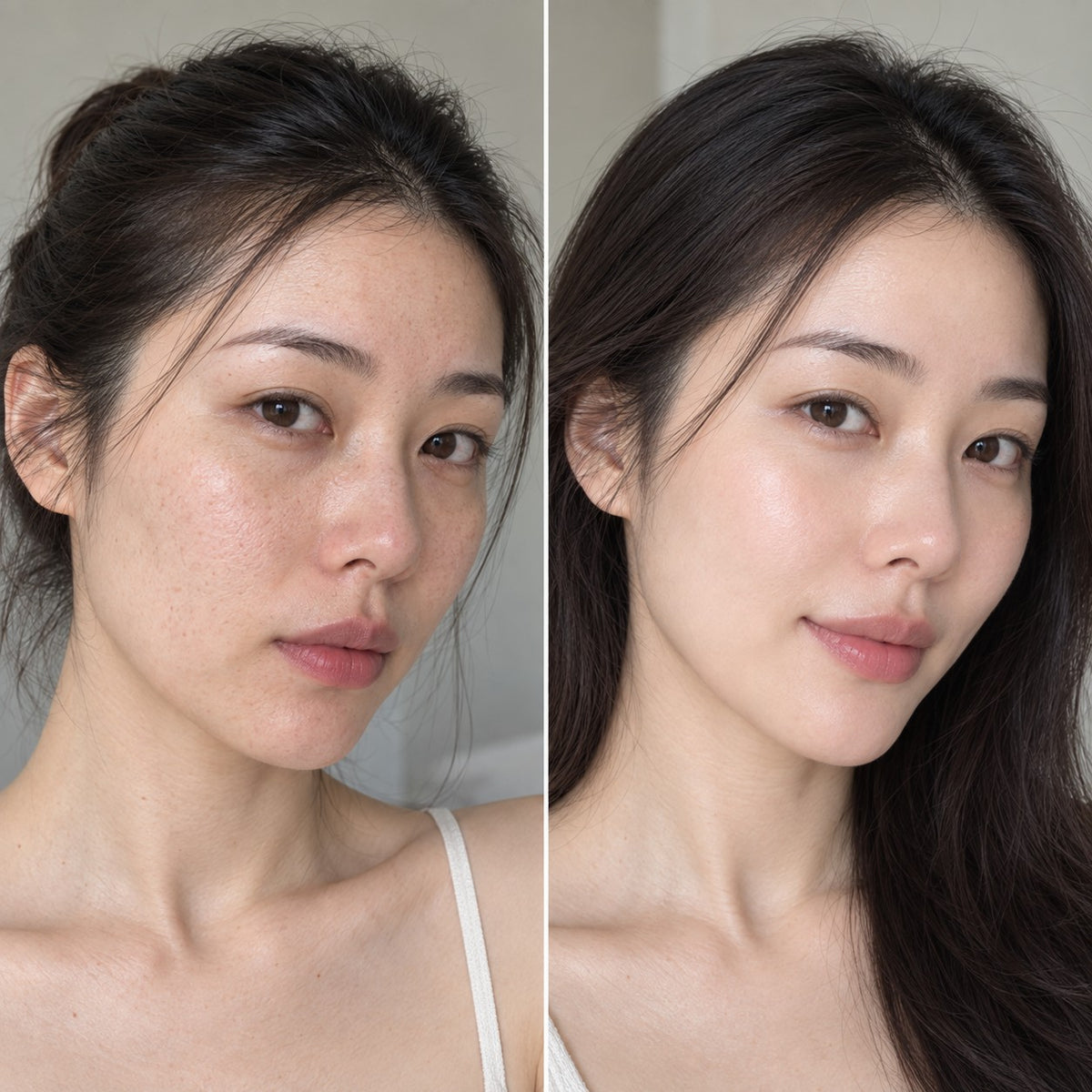 Before and after: dull, uneven tone looks brighter and more even with Luminous Veil