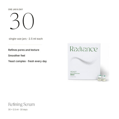 Refining Serum at a glance: refines pores and texture, smoother, brighter · 30 × 2.5ml