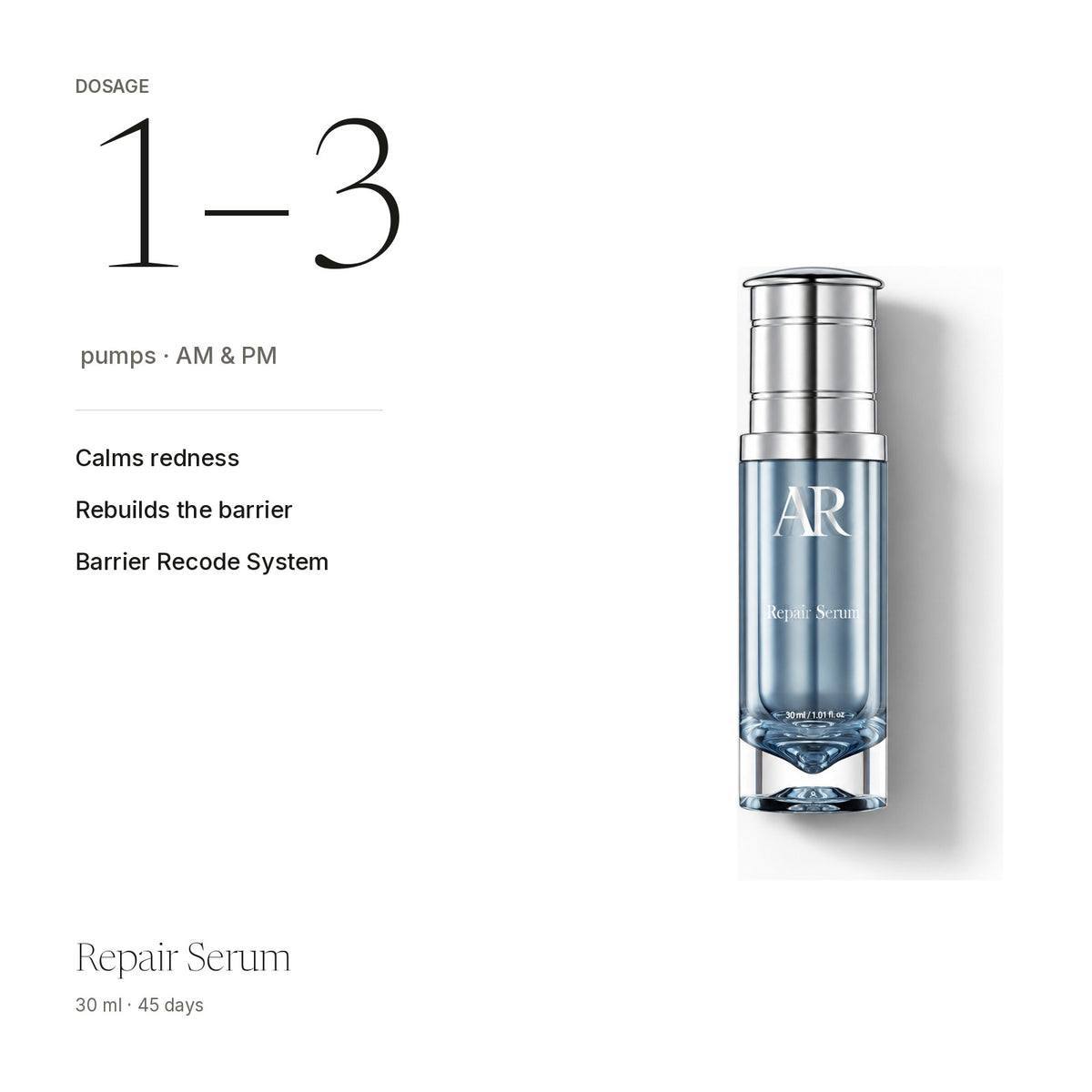 Repair Serum at a glance: calms redness, rebuilds the barrier, soothes · 30ml