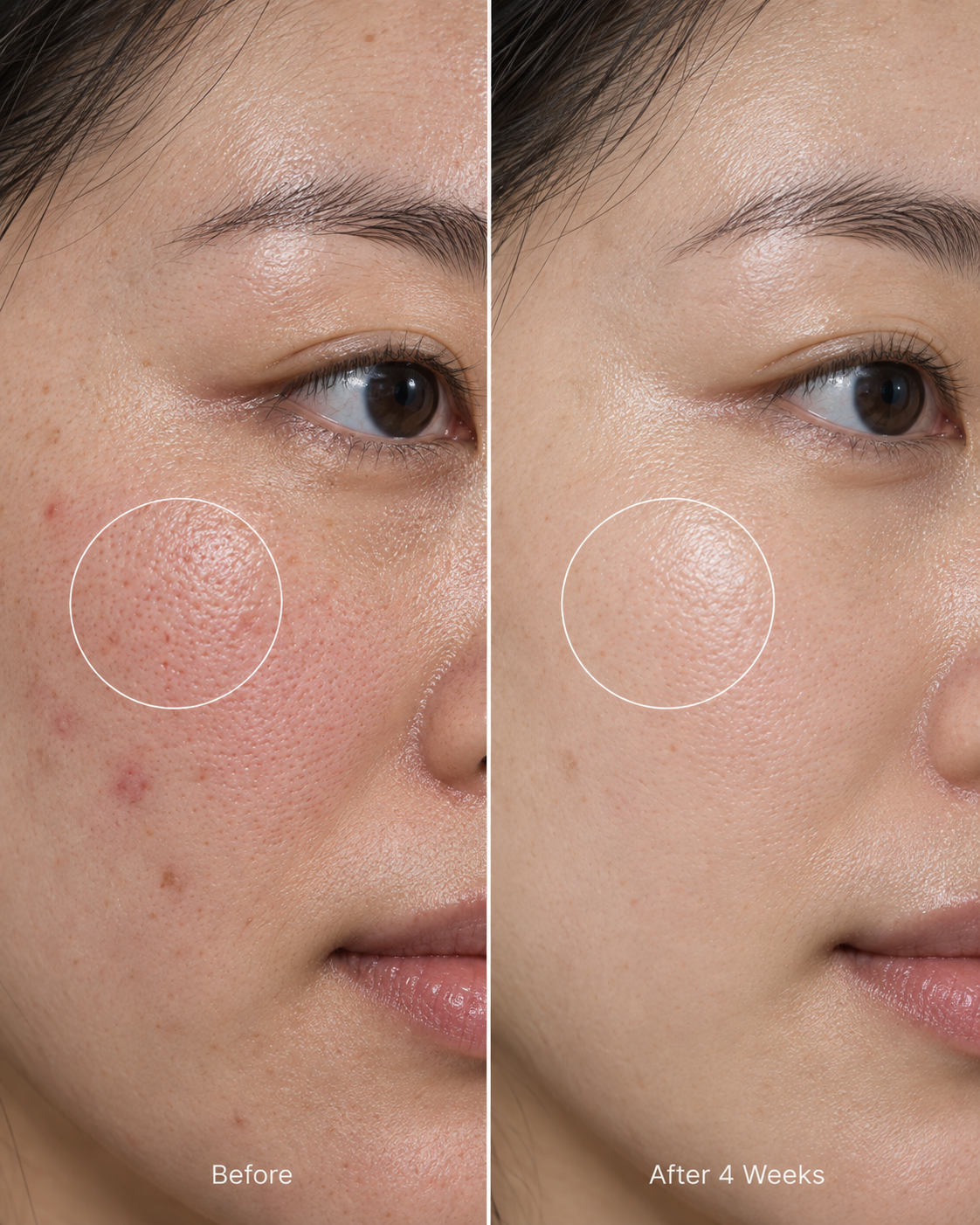 Close-up before and after 4 weeks of Repair Serum: calmer, smoother cheek